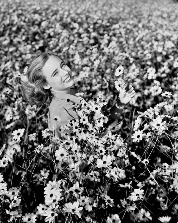 Lois Duncan Steinmetz in a field of daisies in Taos, New Mexico.