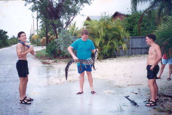 Schlesna brothers and friend with alligator they caught - Ramrod Key, Florida