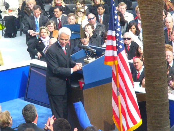 Governor Charlie Crist delivering his inaugural address and looking towards departing Governor Jeb Bush - Tallahassee, Florida
