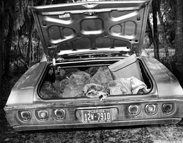 Trunk of car filled with animal skins and other bags 