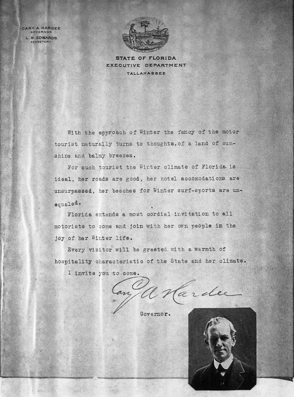 Invitation to tourists written by Governor Cary A. Hardee