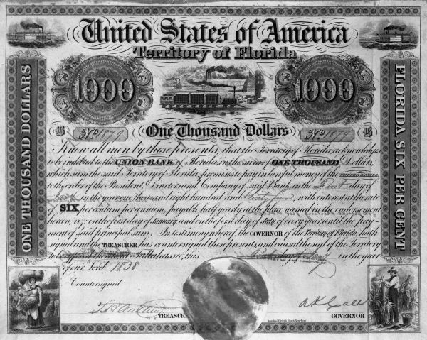 Territory of Florida $1,000 bond, number 1879