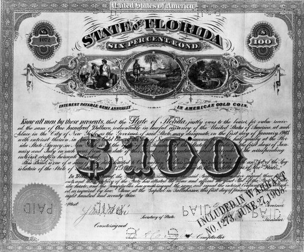 State of Florida bond number 1072, $100.00