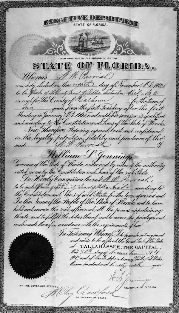W.W. Parrish commission to Calhoun County Board of Public Instruction - December 30, 1904