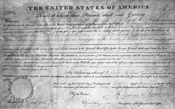 Land grant signed by Andrew Jackson