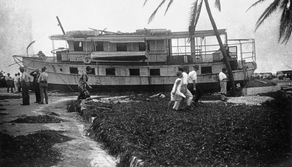 Yacht aground along the waterfront after the hurricane of 1926