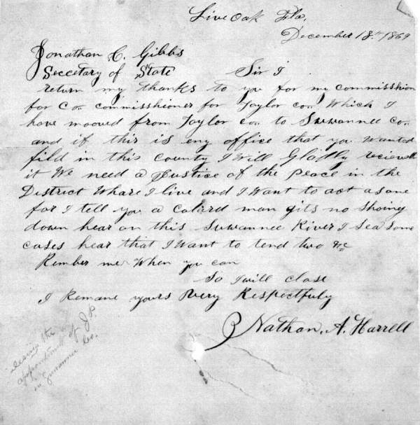 Letter - Live Oak, Fla., to Jonathan C. Gibbs, Tallahassee, Fla., 1869 Dec. 18