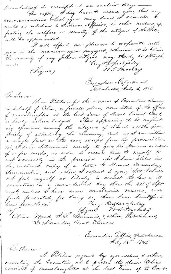 Letters from Gov. Moseley to the petitioners seeking clemency for a female slave
