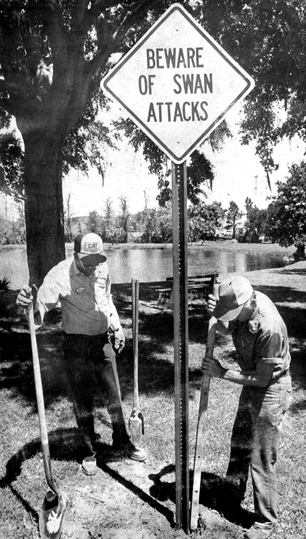 Monroe Lawrence (left) and B.L. Castle erect a sign at Fountain Lake - Leesburg, Florida