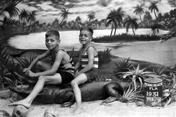 Stanley and Milton Weinkle sitting on a stuffed alligator - Miami Beach, Florida