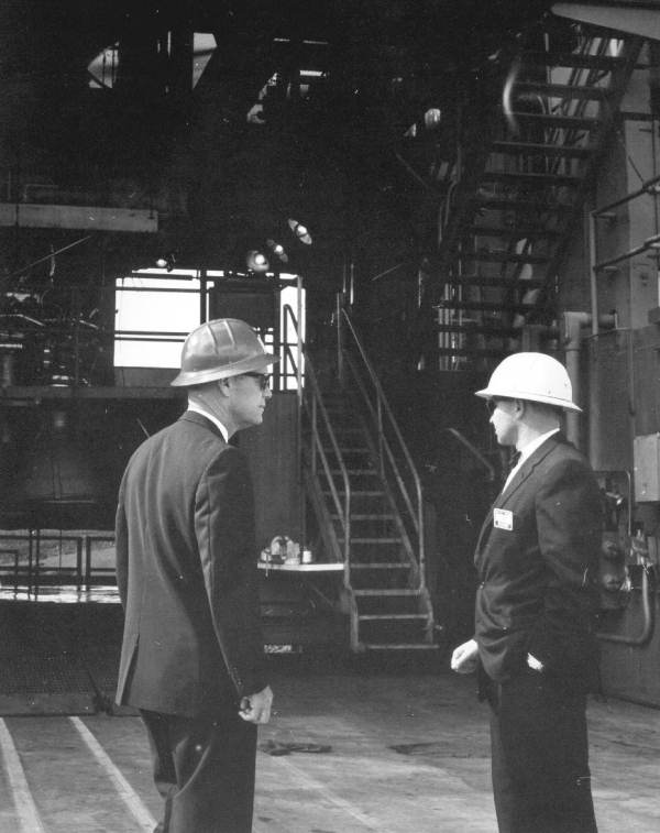 Florida Governor Farris Bryant wearing a hard hat