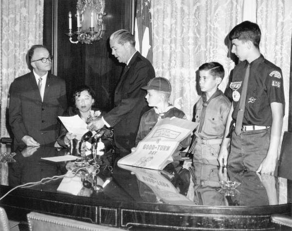 Florida Governor Haydon Burns with a Boy Scout, a Webelo, and a Cub Scout