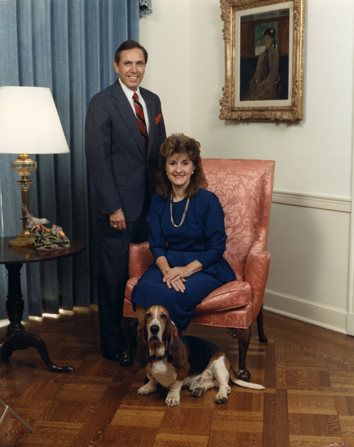 Portrait of Florida Governor Bob Martinez, his wife Mary Jane Marino and their dog