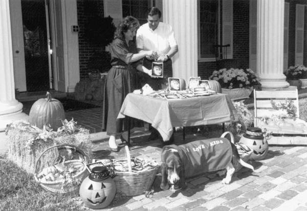 Florida Governor Bob Martinez and his wife in front of the governor's mansion at Halloween