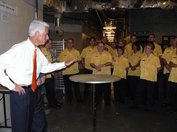 Governor Charlie Crist talking with employees at the Rosen Shingle Creek Hotel in Orlando, Florida.