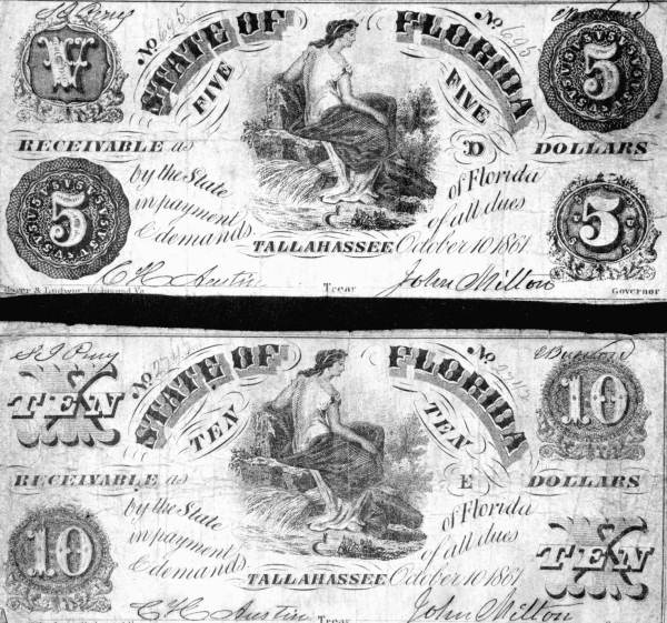 Samples of paper money, issued by the State of Florida during the Civil War