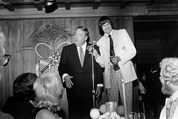 Jackie Gleason standing next to an unidentified man holding a trophy - Fort Lauderdale, Florida