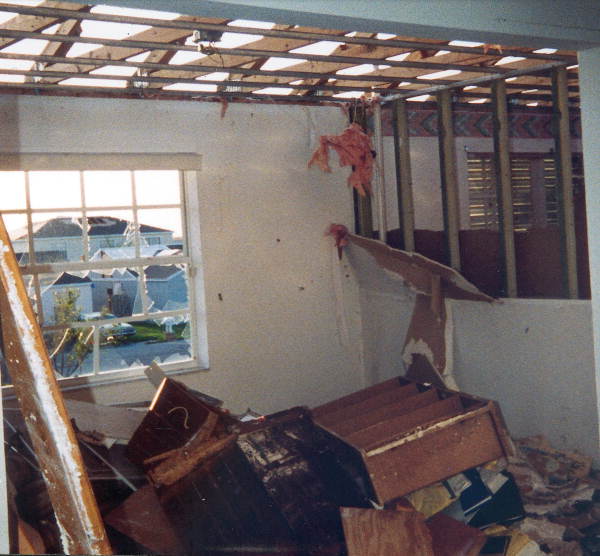 Interior view of Henry Gohlke's house showing damage caused by Hurricane Andrew - Miami, Florida