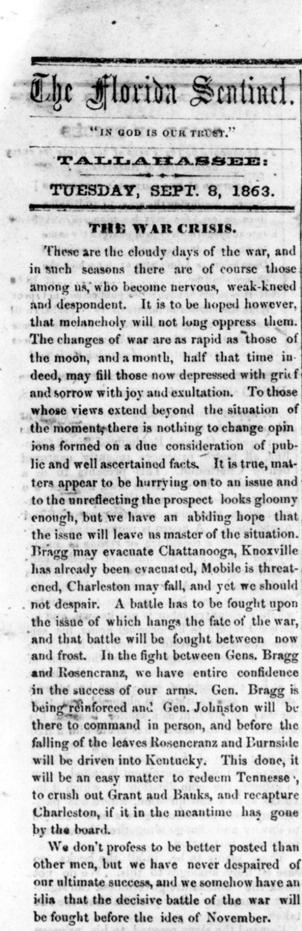 Newspaper clipping about the Civil War in The Florida Sentinel.