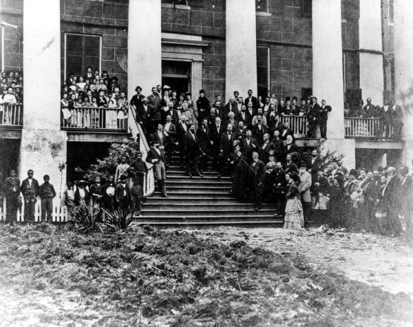Governor Marcellus L. Stearns greeting Harriet Beecher Stowe at the Capitol
