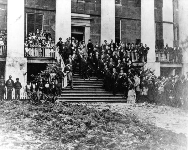 Governor Stearns greeting Harriet Beecher Stowe on the steps of the capitol - Tallahassee, Florida