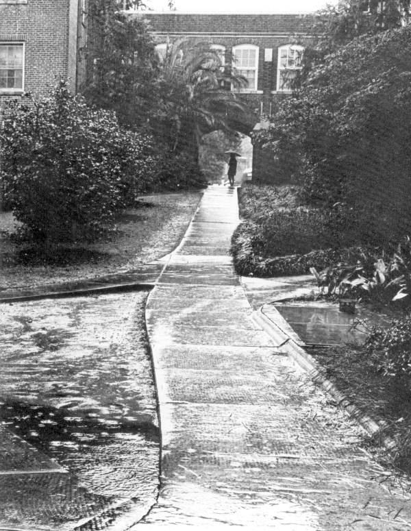 An FSU student under the arch during rain - Tallahassee, Florida