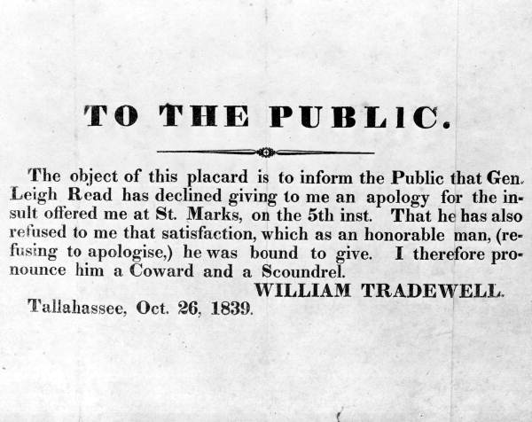 Placard for duel - Tallahassee, Florida