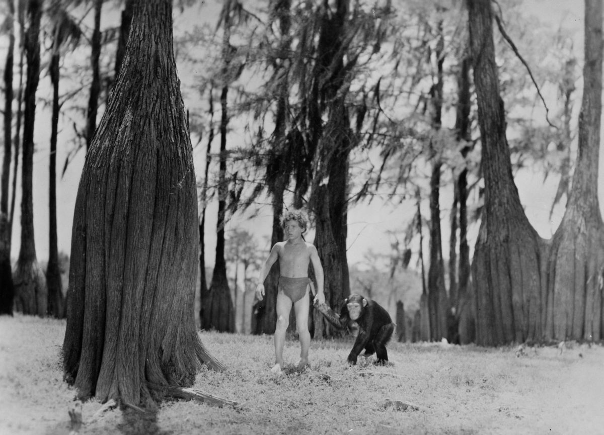 Johnie Sheffield and chimp during filming of "Tarzan's Secret Treasure" - Wakulla Springs, Florida