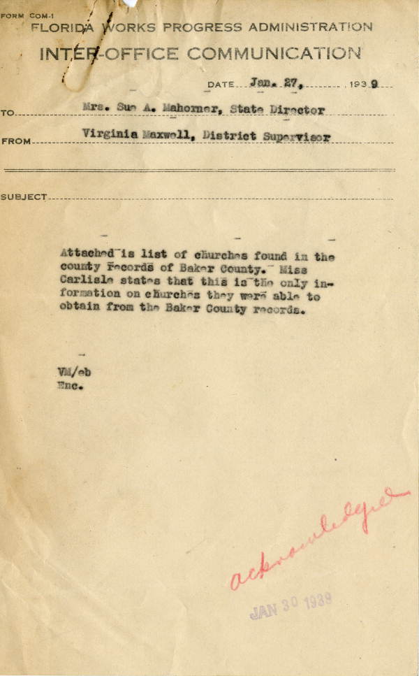 List of Baker County churches with officially recorded deeds, 1939