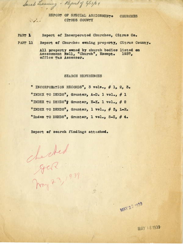 List of churches in Citrus County owning property, 1939