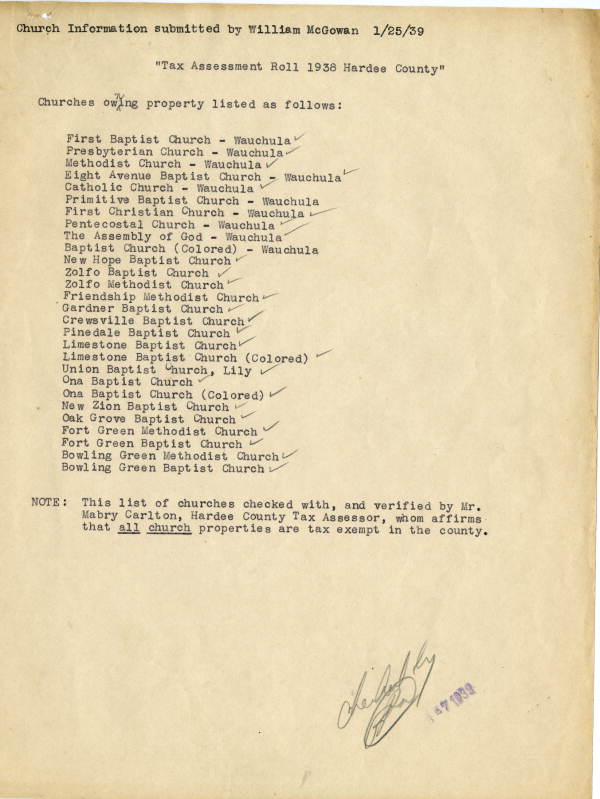 List of Hardee County churches owning property, 1939