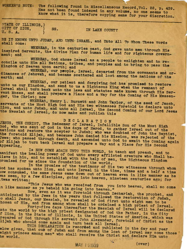 Transcription, Proclamation of the Second Coming of Jesus Christ, 1939