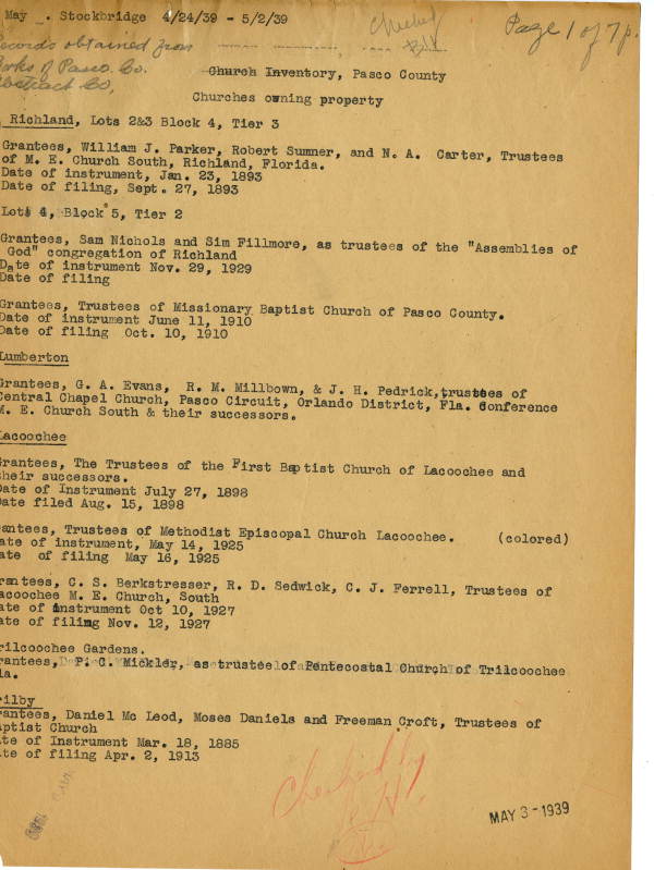 List of Pasco County churches owning property, 1939