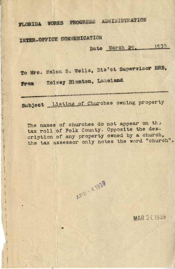 Memorandum regarding churches in Polk County - March 29, 1939