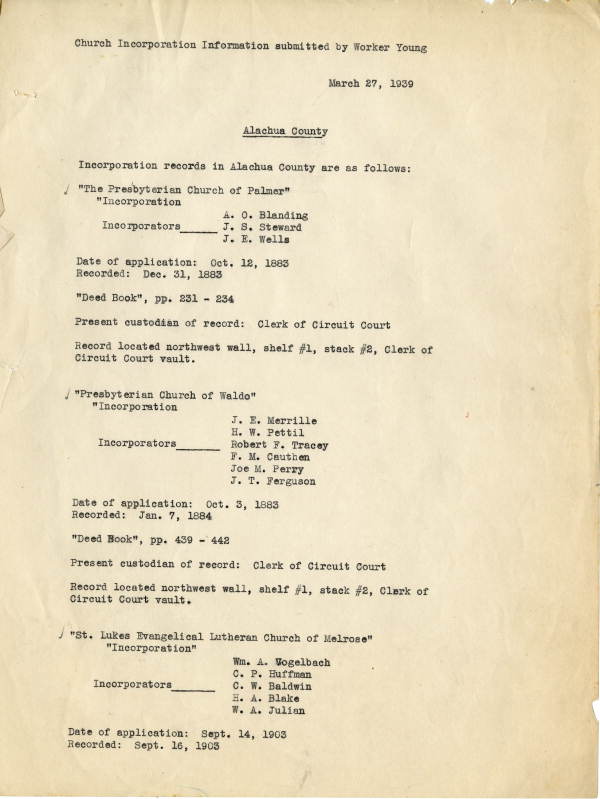 List of Alachua County church incorporations, 1939