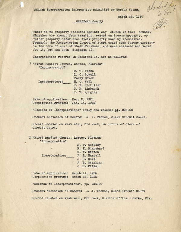 List of Bradford County church incorporations, 1939