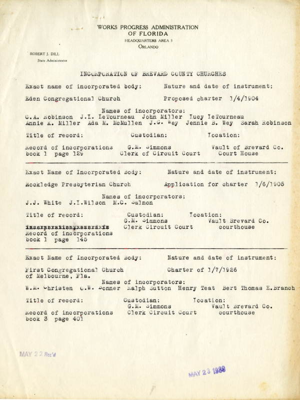 List of Brevard County church incorporations, 1939