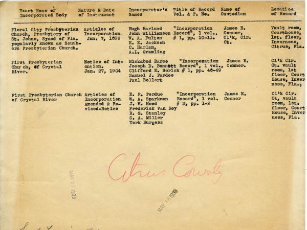List of Citrus County church incorporations, 1939