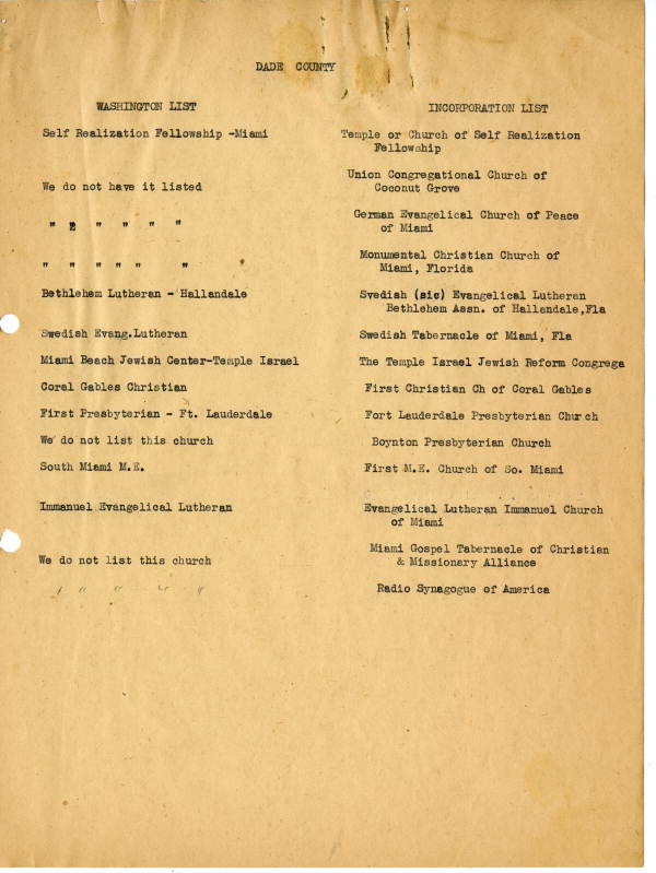 List of Dade County church incorporations, 1939