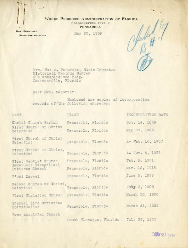 List of Escambia County church incorporations, 1939