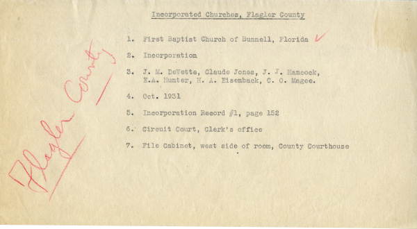Report of incorporation of the First Baptist Church of Bunnell, 1939