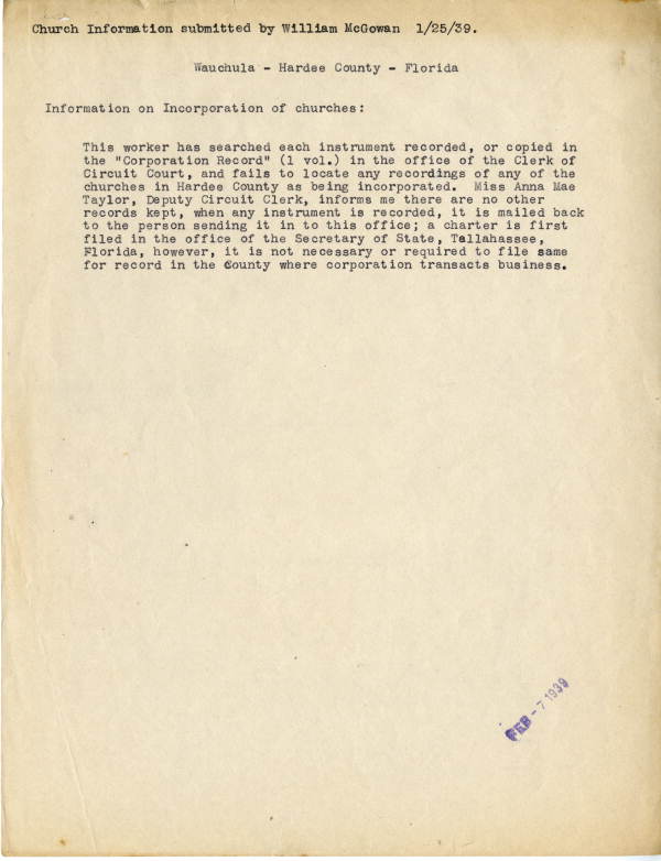 Memo regarding Hardee County church incorporations, 1939
