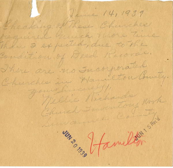 Memo regarding Hamilton County church incorporations, 1939