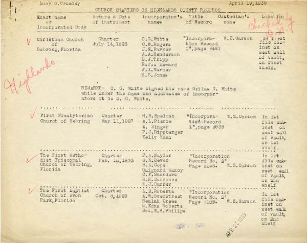 List of Highlands County church incorporations, 1939
