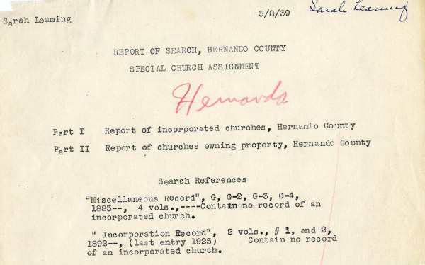 List of Hernando County churches, 1939