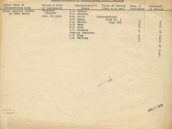 List of Indian River County church incorporations, 1939