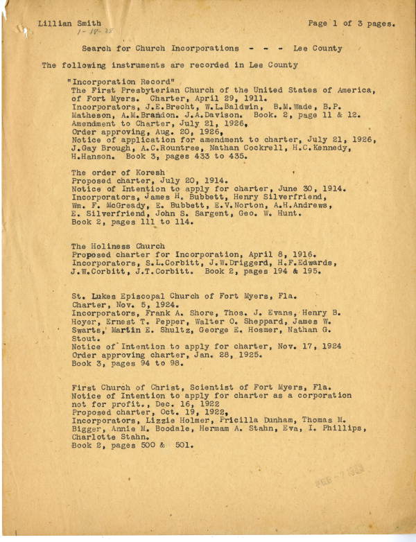 List of Lee County church incorporations, 1939
