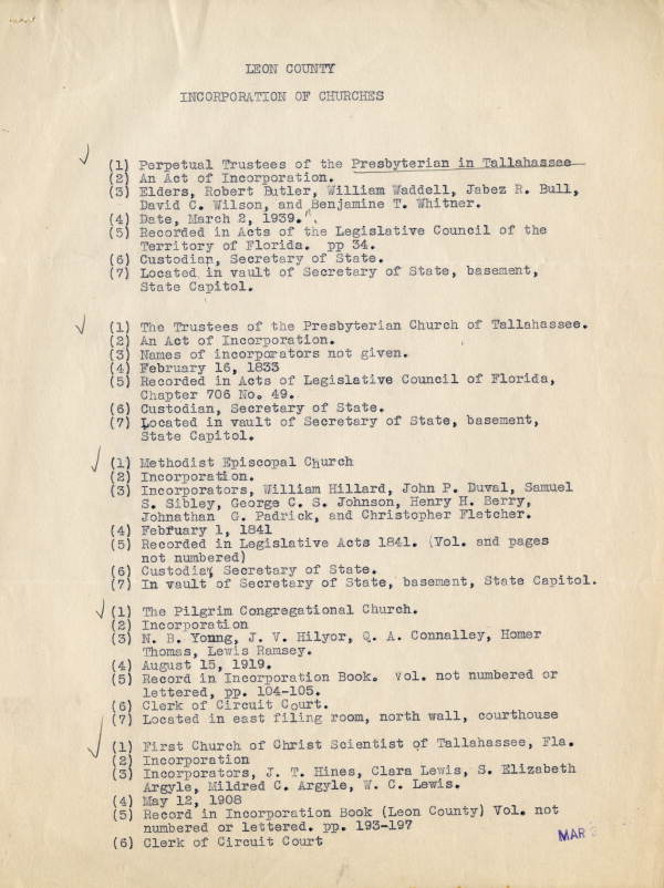 List of Leon County church incorporations, 1939