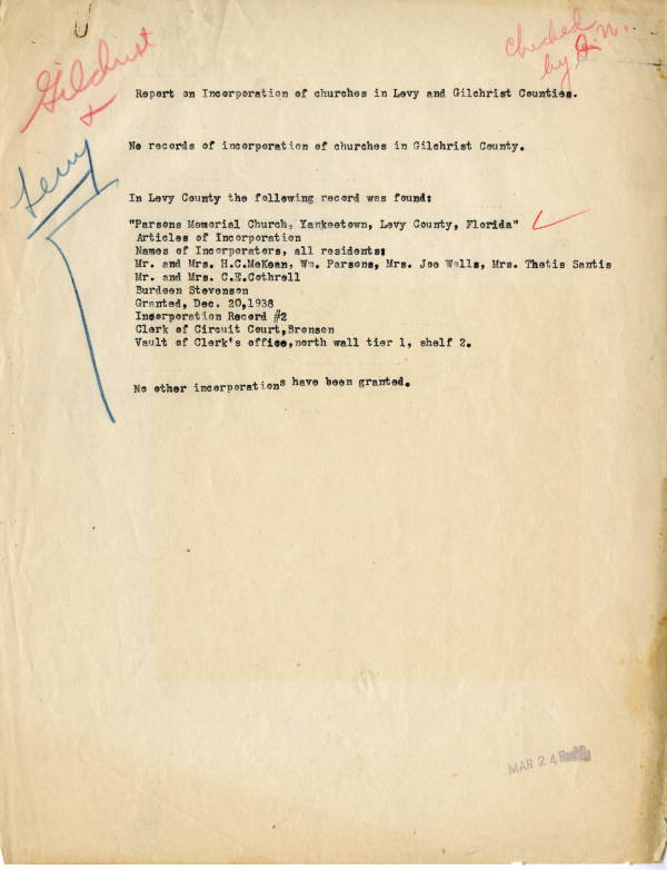 List of incorporated churches in Levy and Gilchrist counties, 1939