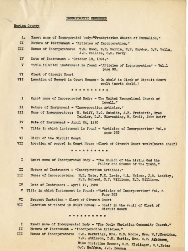 List of Marion County church incorporations, 1939